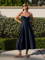 Cotton Sateen Pleated Midi Dress with Sweetheart Neckline Pockets
