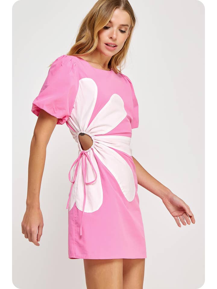 Wholesale Side Cut-Out Flower Detail Mini Dress Cotton Poplin Puff