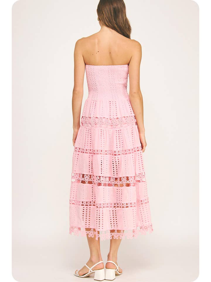 Elegant Eyelet Lace Strapless Midi Dress - Smocked Bodice, Cotton Croc The Dress Company Elegant Eyelet Lace Strapless Midi Dress - Smocked Bodice, Cotton Croc The Dress Company