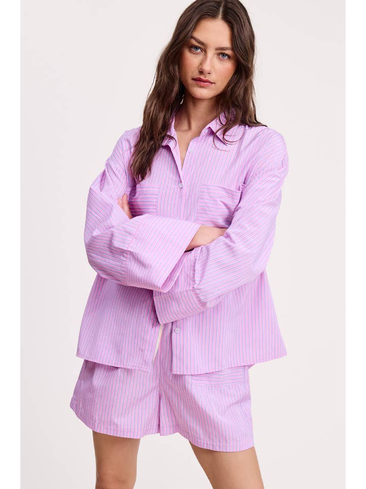 Wholesale Pink Stripe Cotton Shirt Relaxed Fit Oversized Pockets