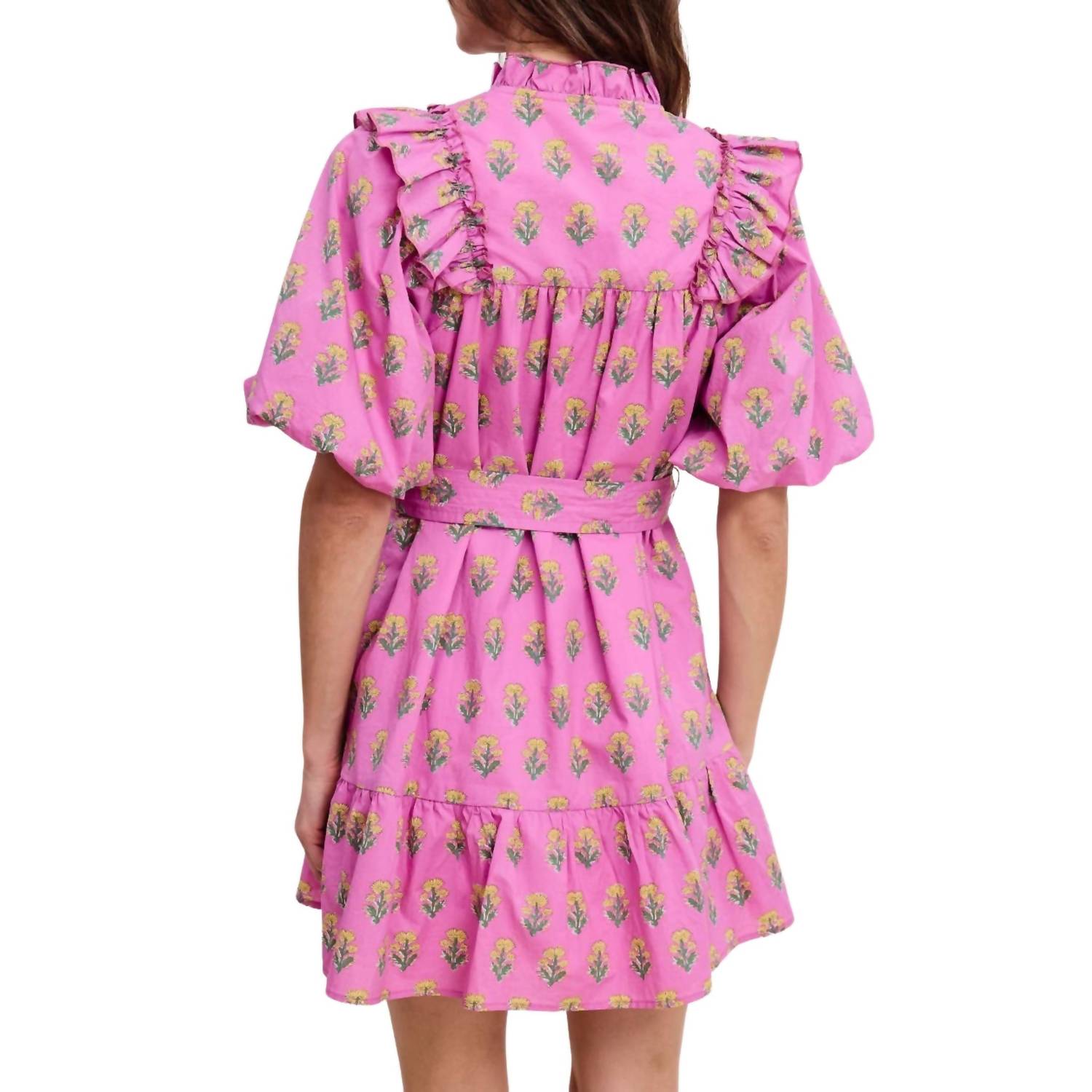 Floral Clusters Ruffled Mini Dress In Orchid Short Sleeve Mockneck