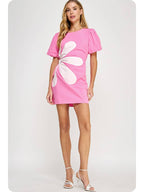Wholesale Side Cut-Out Flower Detail Mini Dress Cotton Poplin Puff