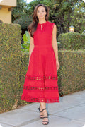 Scallop Edge Crochet Trim Satin A-Line Midi Dress with Pockets