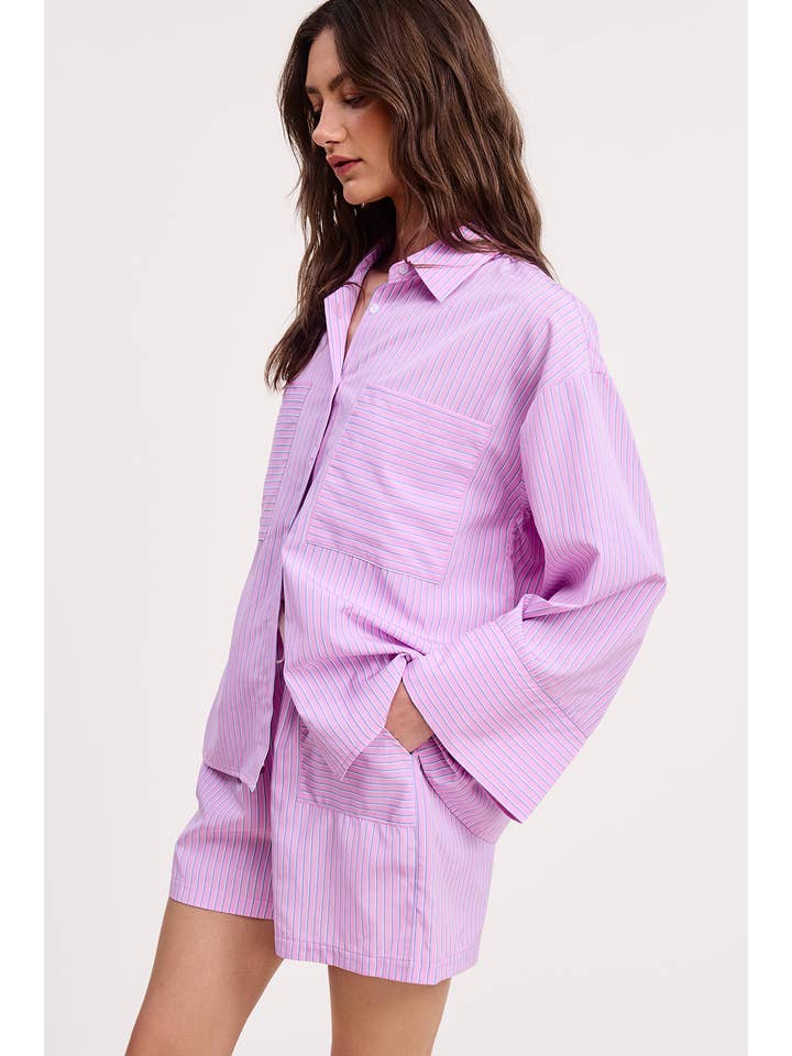 Wholesale Pink Stripe Cotton Shirt Relaxed Fit Oversized Pockets