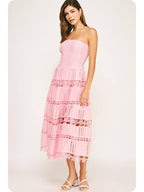 Elegant Eyelet Lace Strapless Midi Dress - Smocked Bodice, Cotton Crochet Trim