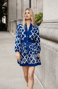 Ada Kimono Short Dress Blue Hand-loomed Cotton Embroidered Bishop Sleeves