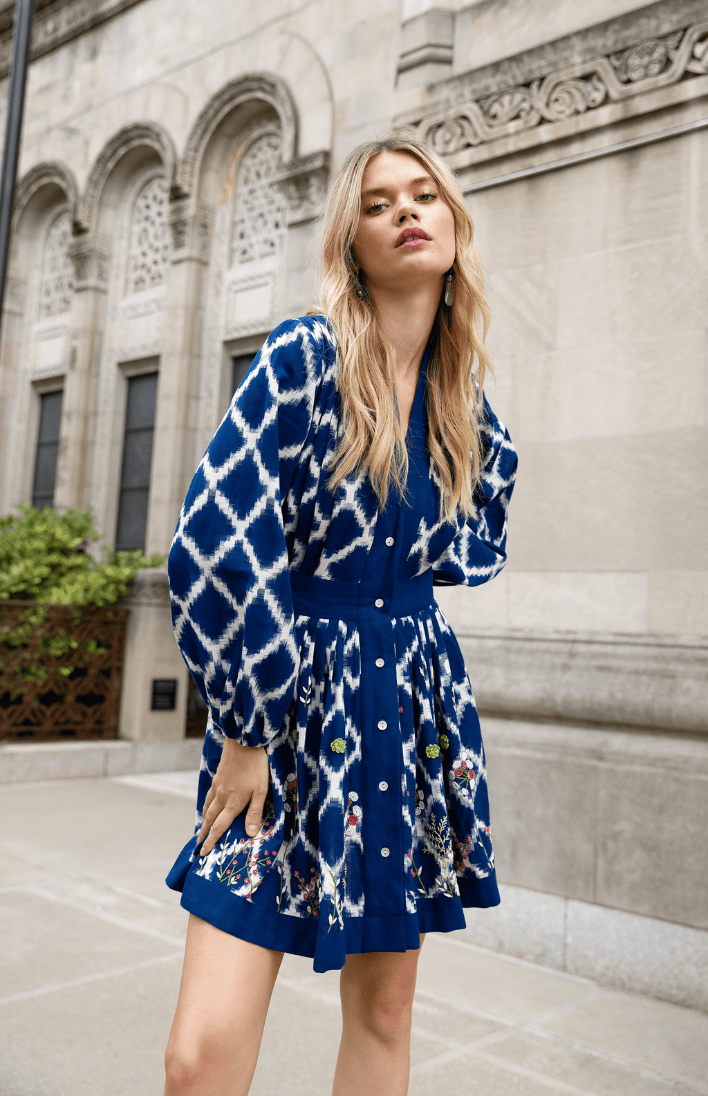 Ada Kimono Short Dress Blue Hand-loomed Cotton Embroidered Bishop Sleeves
