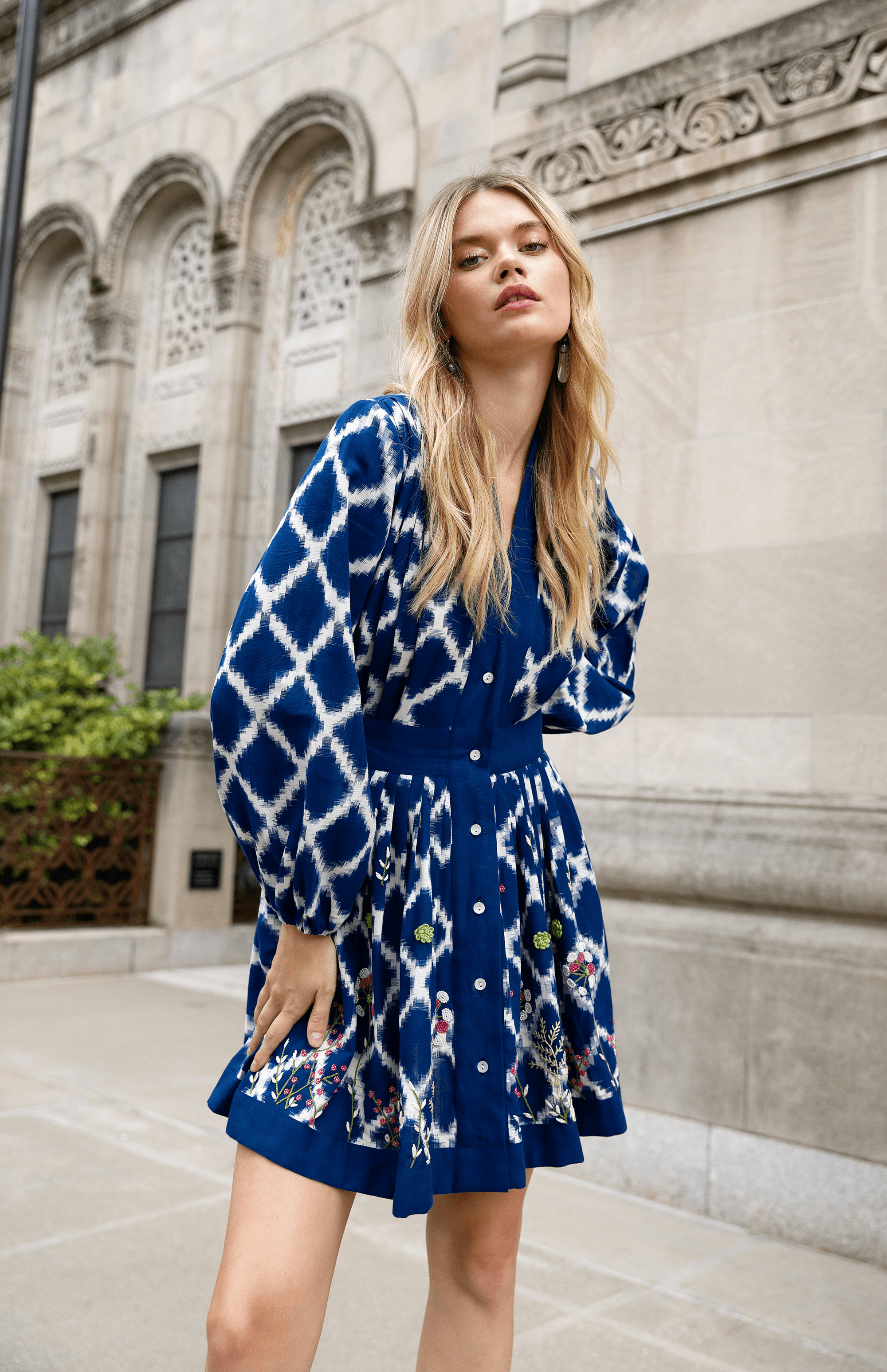Ada Kimono Short Dress Blue Hand-loomed Cotton Embroidered Bishop Sleeves