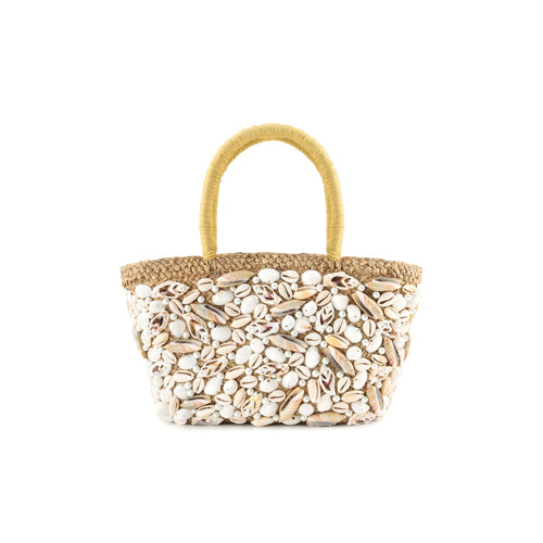 Alice Mixed Shell Mini Beach Tote Hand-Stitched Balinese Straw Pearl-Accented