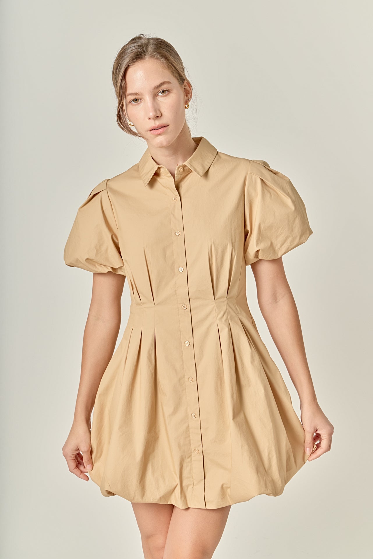 Button Down Bubble Mini Skirt Tan Cotton-Blend Puff Sleeve Dress