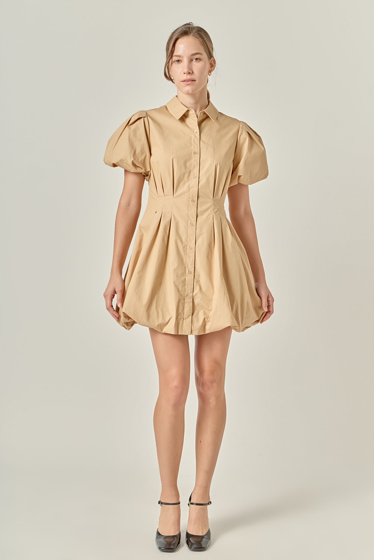 Button Down Bubble Mini Skirt Tan Cotton-Blend Puff Sleeve Dress
