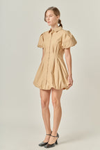 Button Down Bubble Mini Skirt Tan Cotton-Blend Puff Sleeve Dress