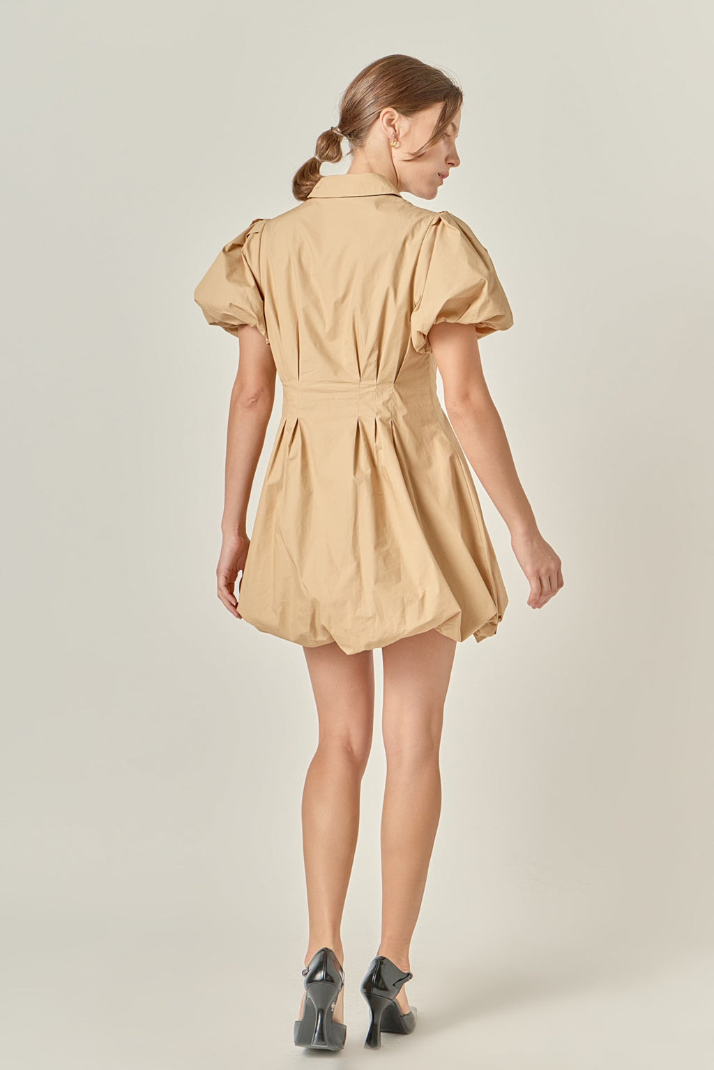 Button Down Bubble Mini Skirt Tan Cotton-Blend Puff Sleeve Dress