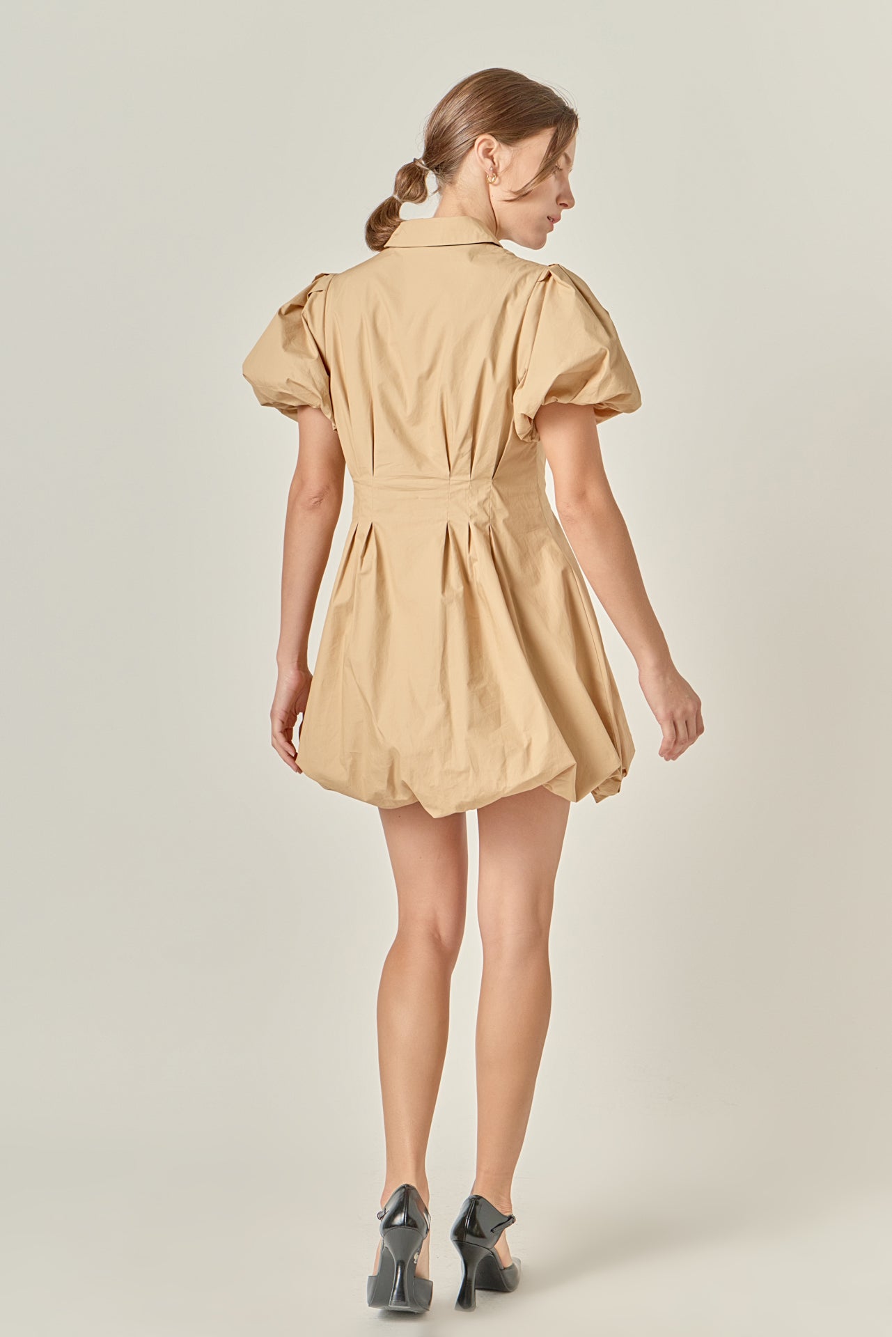 Button Down Bubble Mini Skirt Tan Cotton-Blend Puff Sleeve Dress