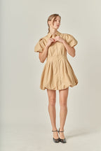 Button Down Bubble Mini Skirt Tan Cotton-Blend Puff Sleeve Dress