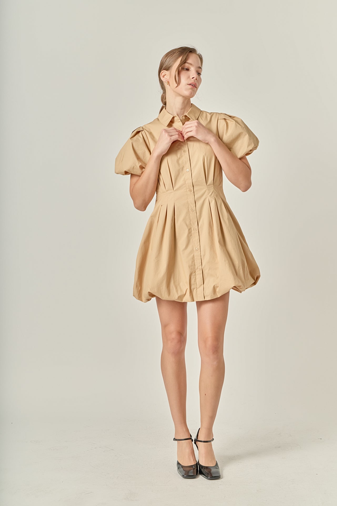 Button Down Bubble Mini Skirt Tan Cotton-Blend Puff Sleeve Dress