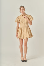 Button Down Bubble Mini Skirt Tan Cotton-Blend Puff Sleeve Dress