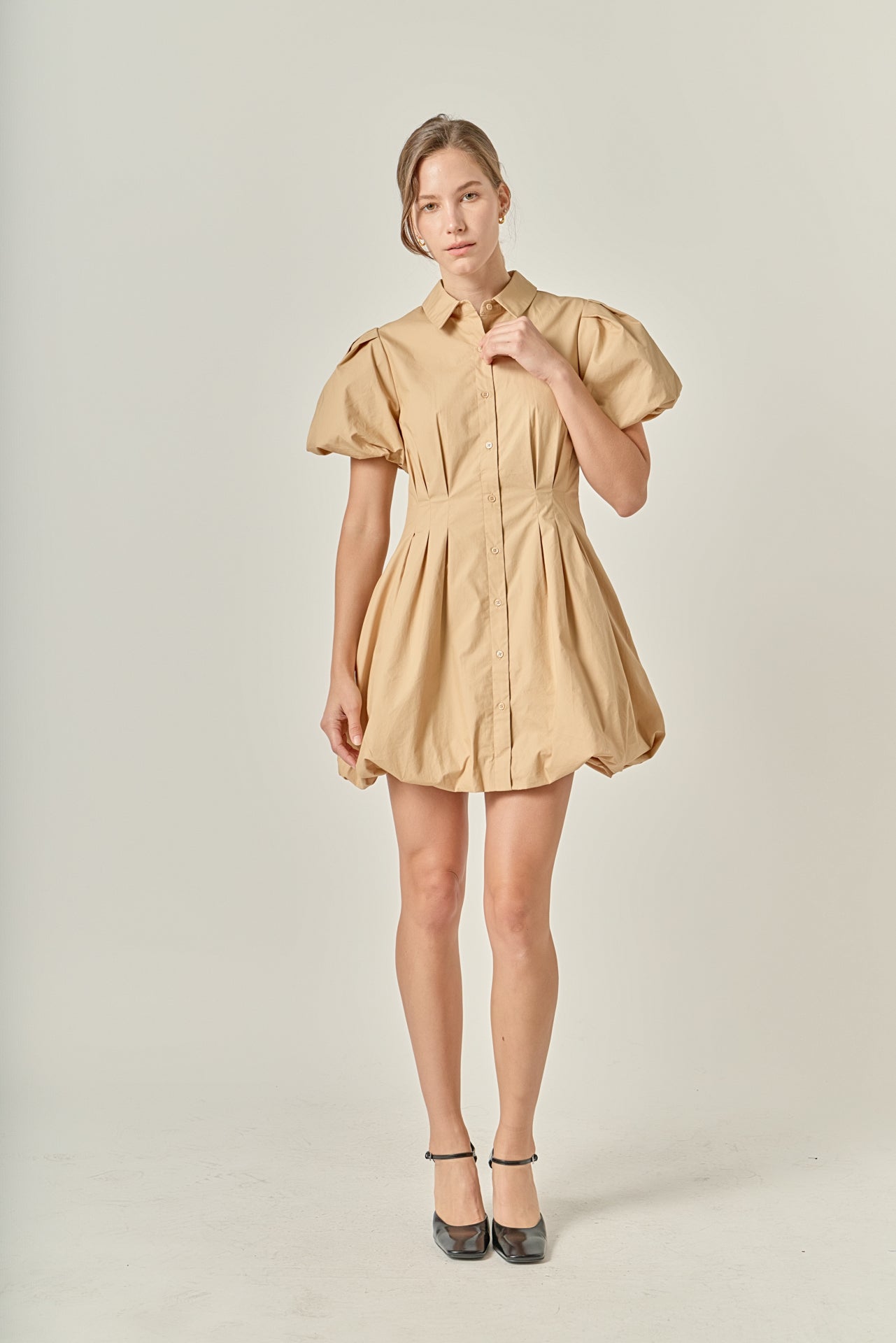 Button Down Bubble Mini Skirt Tan Cotton-Blend Puff Sleeve Dress