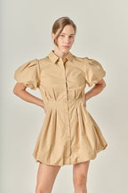Button Down Bubble Mini Skirt Tan Cotton-Blend Puff Sleeve Dress