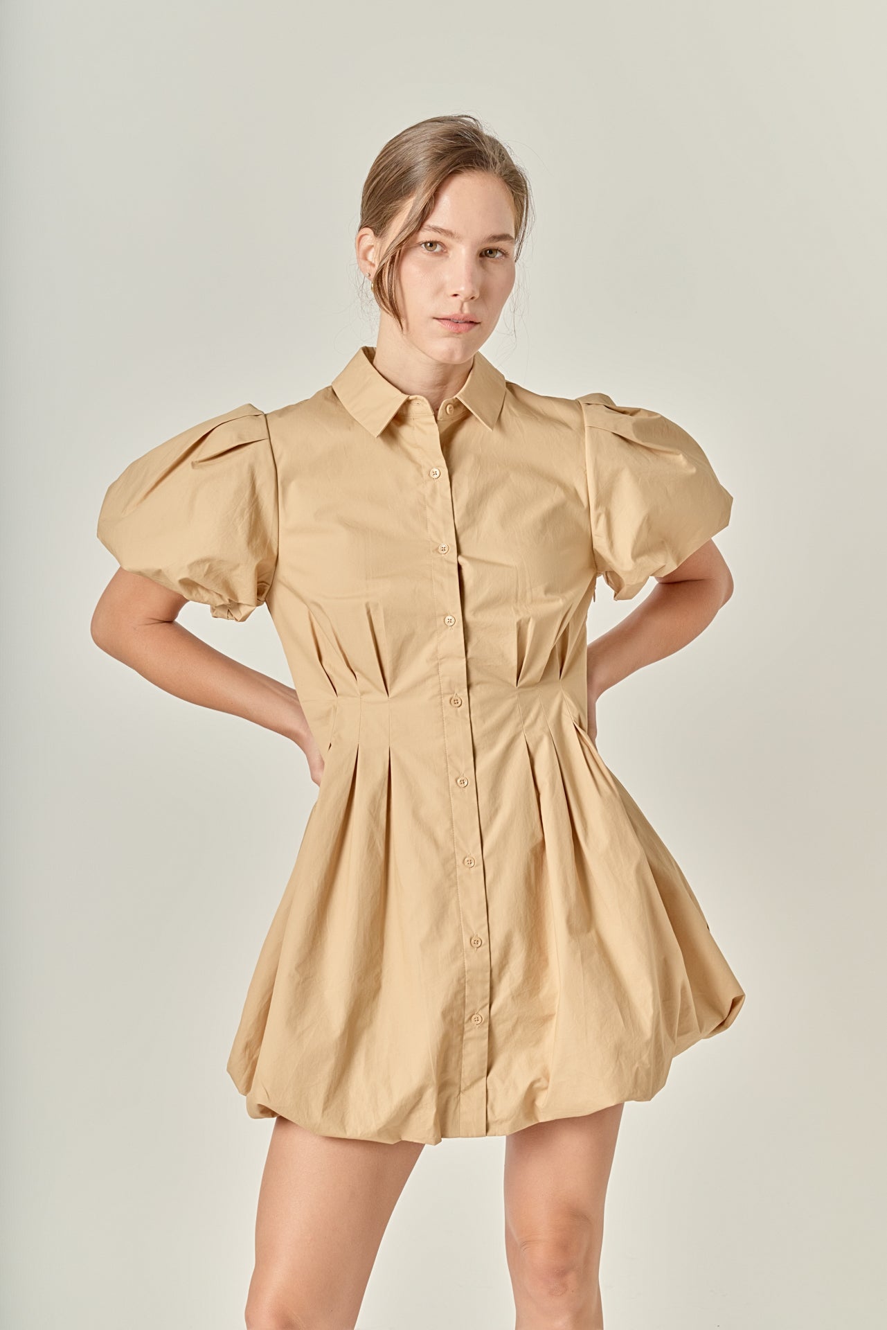 Button Down Bubble Mini Skirt Tan Cotton-Blend Puff Sleeve Dress