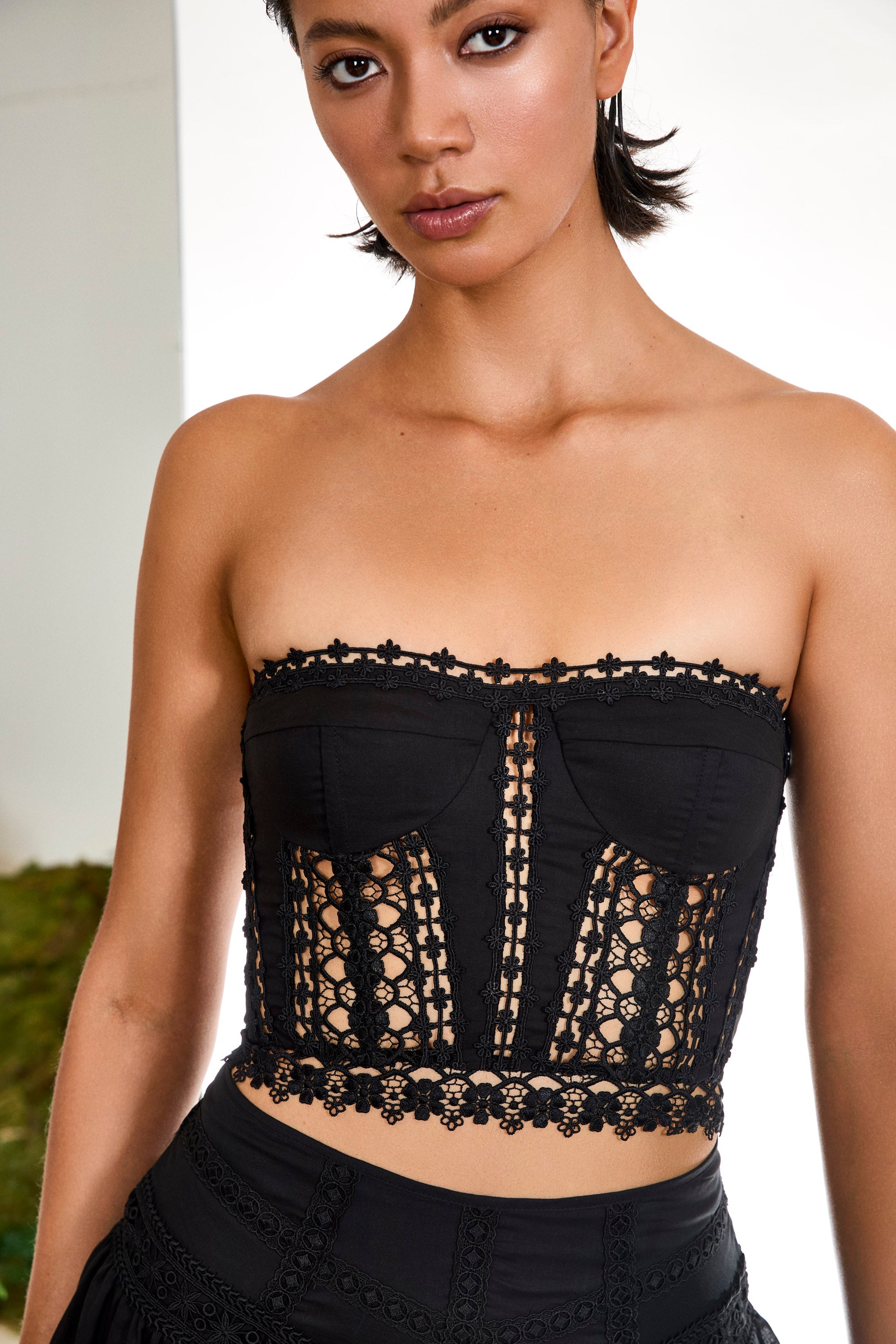 Charo Ruiz Cotton Voile Bustier with Guipure Lace Cups