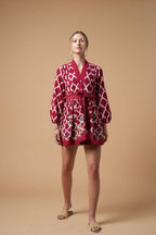 Ada Kimono Short Dress Red Handloom Cotton Embroidered Bishop Sleeves
