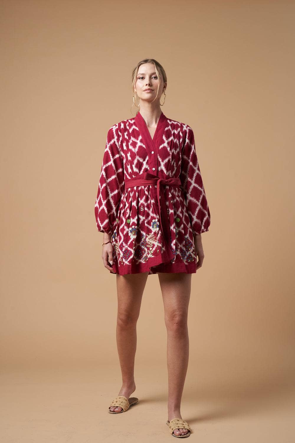 Ada Kimono Short Dress Red Handloom Cotton Embroidered Bishop Sleeves