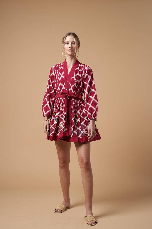 Ada Kimono Short Dress Red Handloom Cotton Embroidered Bishop Sleeves