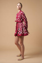 Ada Kimono Short Dress Red Handloom Cotton Embroidered Bishop Sleeves