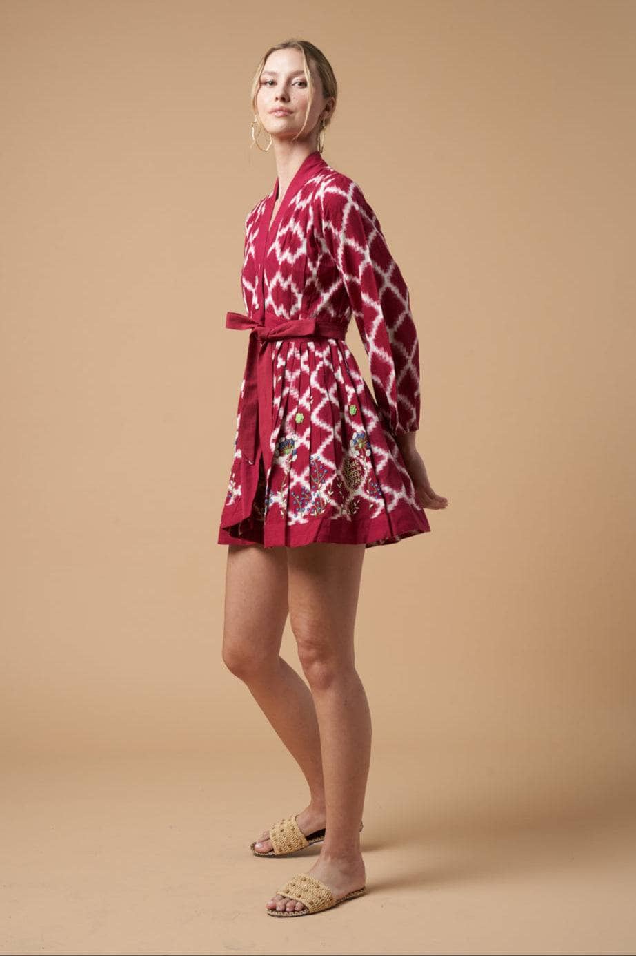 Ada Kimono Short Dress Red Handloom Cotton Embroidered Bishop Sleeves