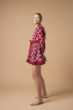 Ada Kimono Short Dress Red Handloom Cotton Embroidered Bishop Sleeves