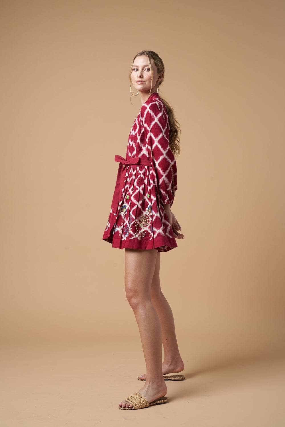 Ada Kimono Short Dress Red Handloom Cotton Embroidered Bishop Sleeves