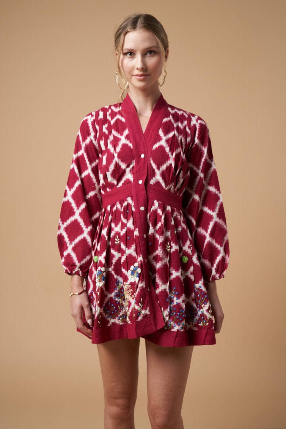 Ada Kimono Short Dress Red Handloom Cotton Embroidered Bishop Sleeves