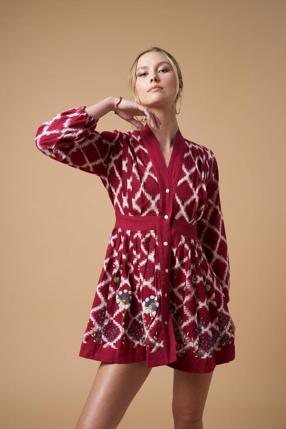 Ada Kimono Short Dress Red Handloom Cotton Embroidered Bishop Sleeves