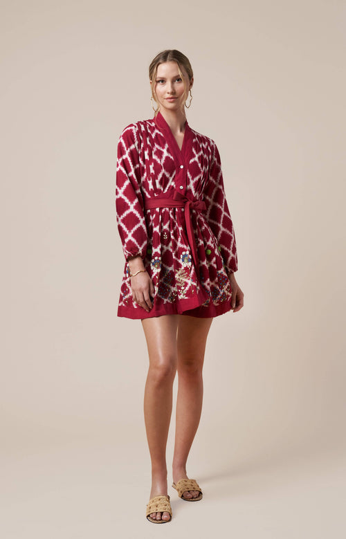 Ada Kimono Short Dress Red Handloom Cotton Embroidered Bishop Sleeves