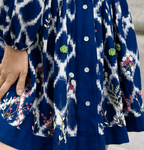 Ada Kimono Short Dress Blue Hand-loomed Cotton Embroidered Bishop Sleeves