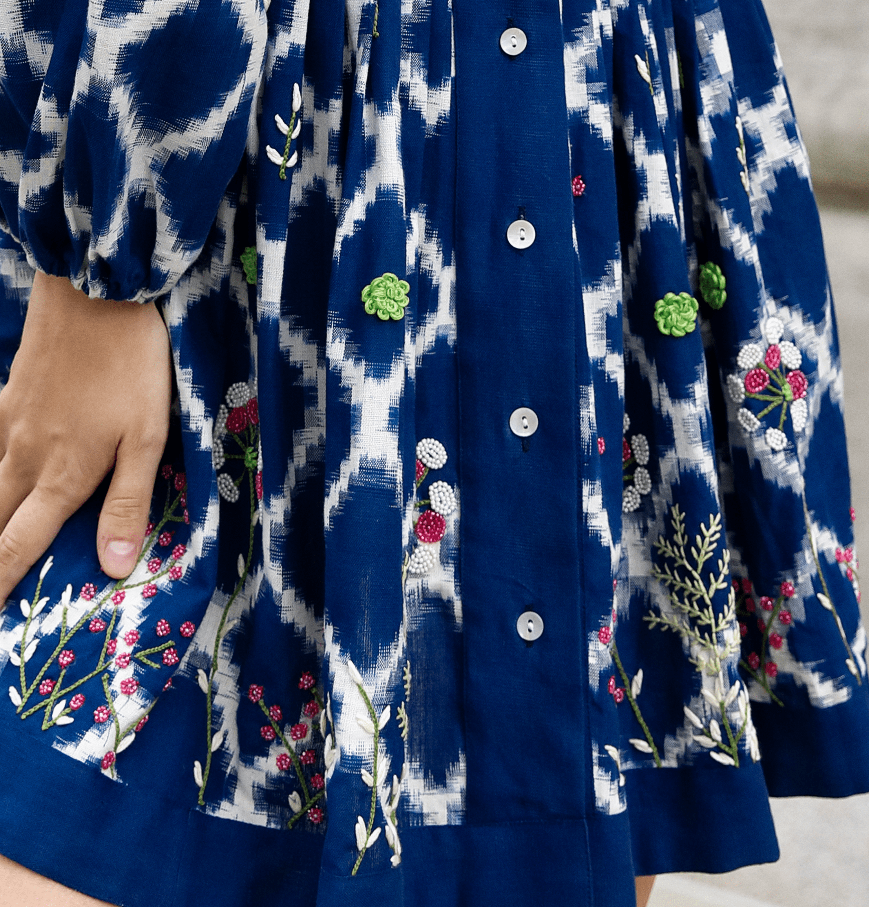 Ada Kimono Short Dress Blue Hand-loomed Cotton Embroidered Bishop Sleeves