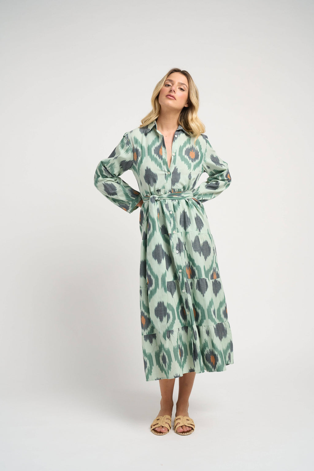 Ariel Ikat Dress Green Cotton Midi Casual Chic Women's Dress
