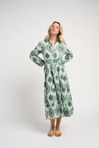 Ariel Ikat Dress Green Cotton Midi Casual Chic Women's Dress
