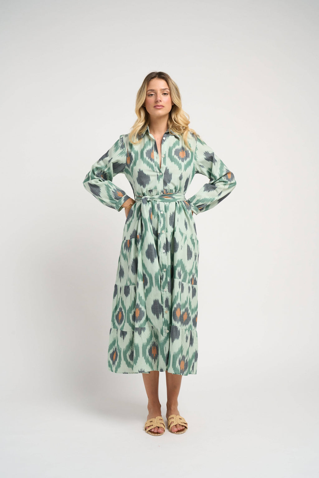 Ariel Ikat Dress Green Cotton Midi Casual Chic Women's Dress