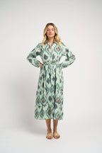 Ariel Ikat Dress Green Cotton Midi Casual Chic Women's Dress