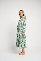 Ariel Ikat Dress Green Cotton Midi Casual Chic Women's Dress