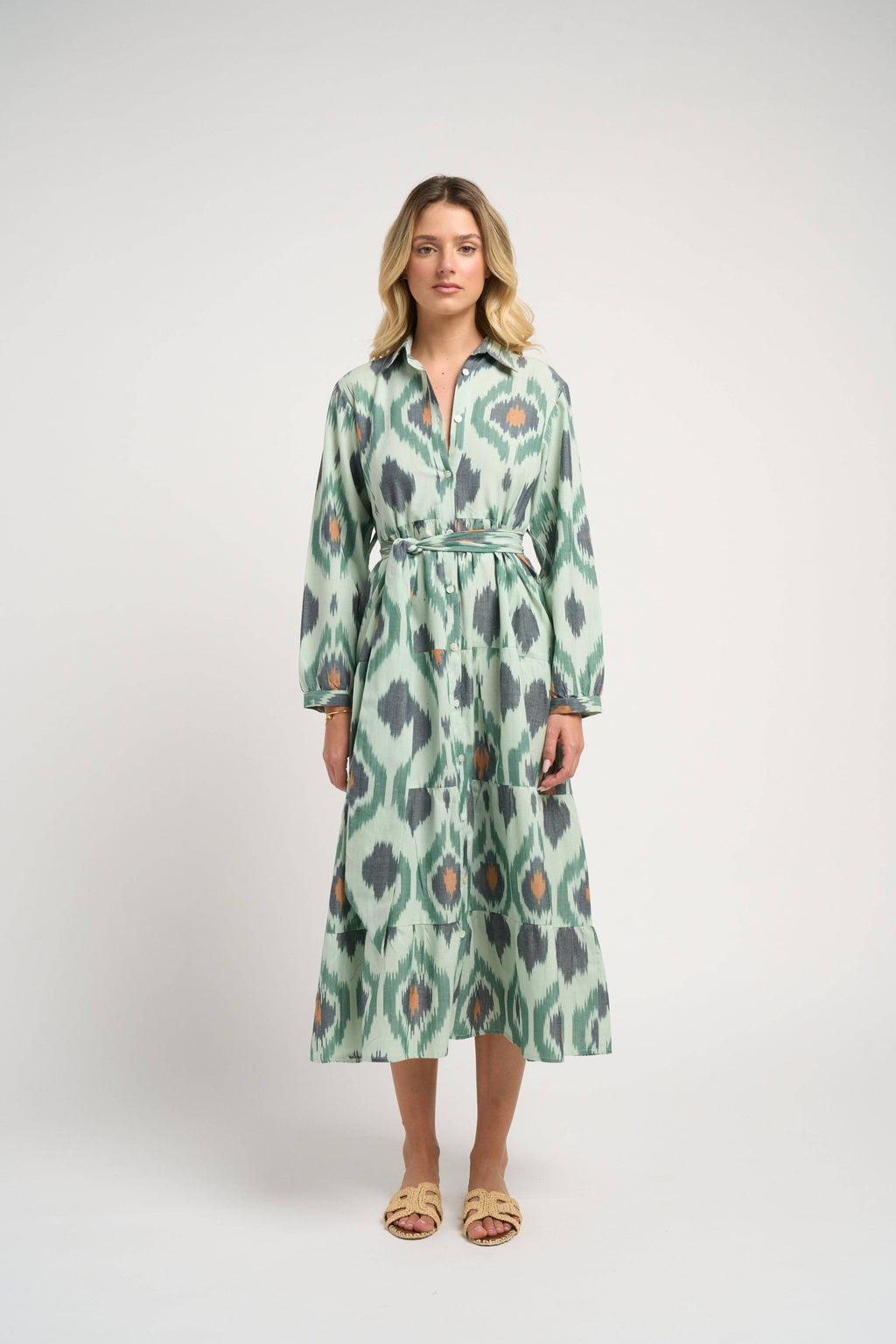Ariel Ikat Dress Green Cotton Midi Casual Chic Women's Dress