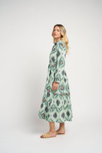 Ariel Ikat Dress Green Cotton Midi Casual Chic Women's Dress