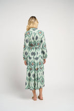 Ariel Ikat Dress Green Cotton Midi Casual Chic Women's Dress