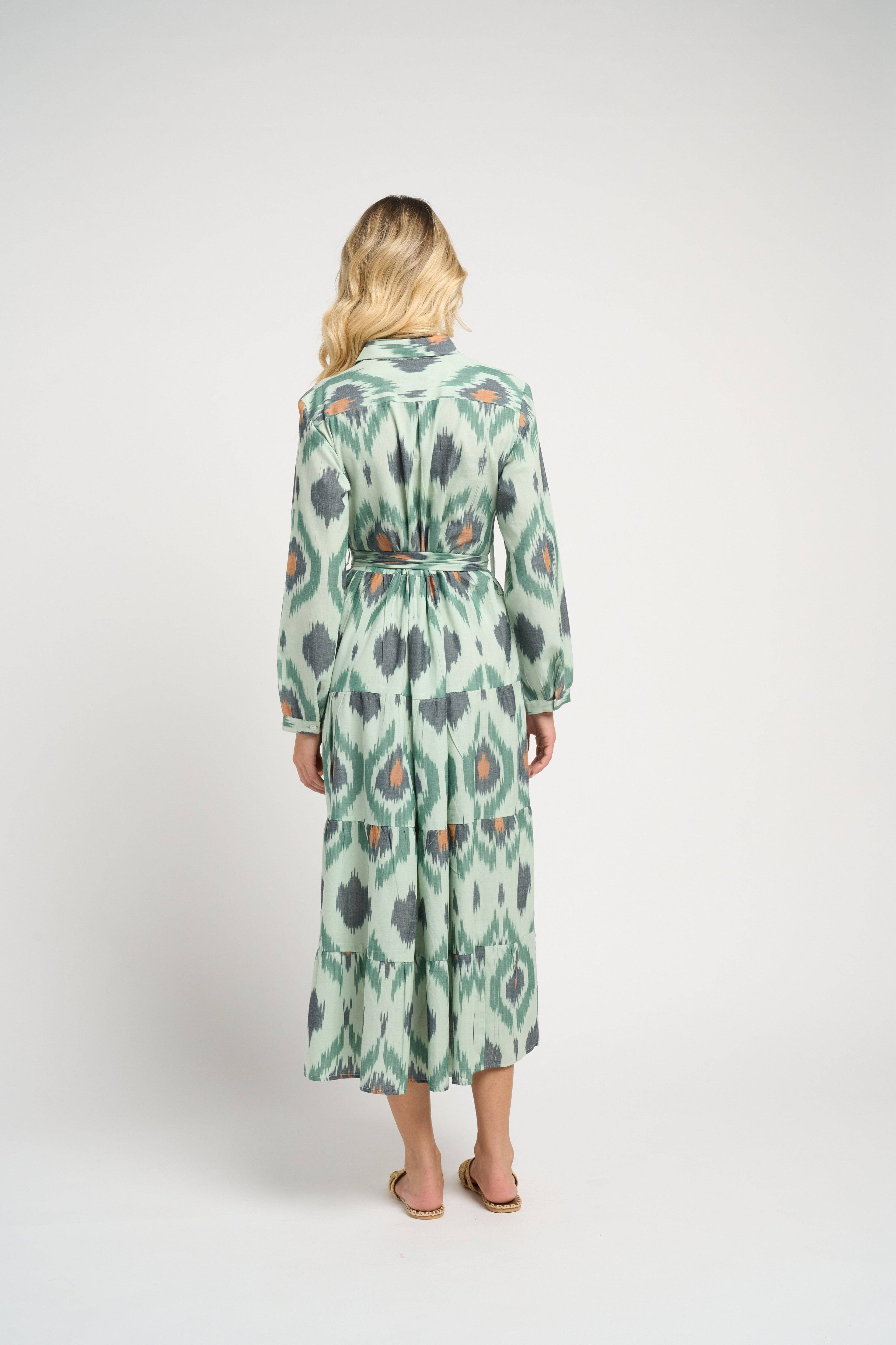 Ariel Ikat Dress Green Cotton Midi Casual Chic Women's Dress