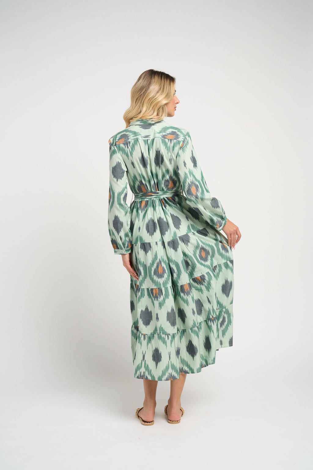 Ariel Ikat Dress Green Cotton Midi Casual Chic Women's Dress