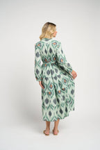 Ariel Ikat Dress Green Cotton Midi Casual Chic Women's Dress