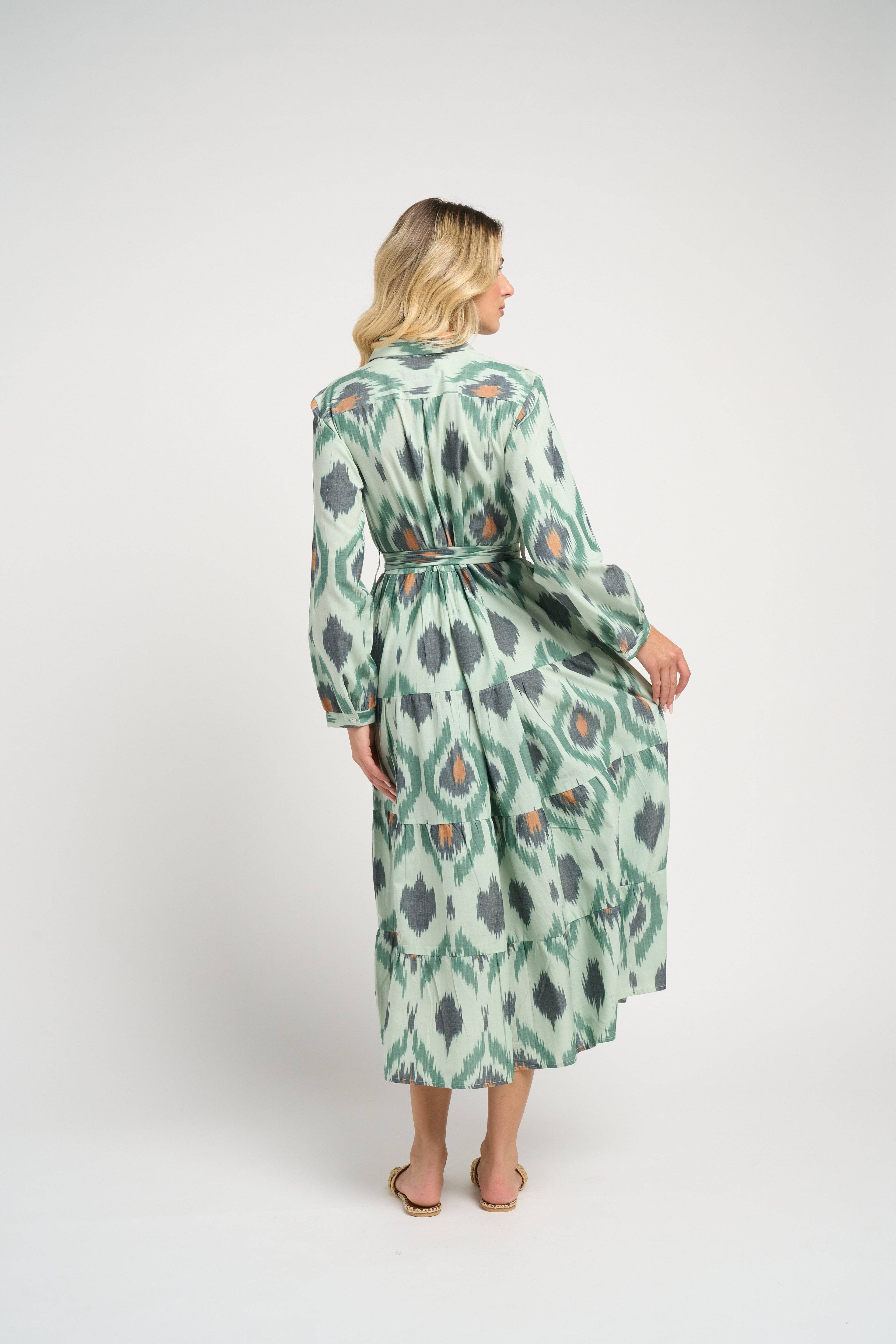 Ariel Ikat Dress Green Cotton Midi Casual Chic Women's Dress
