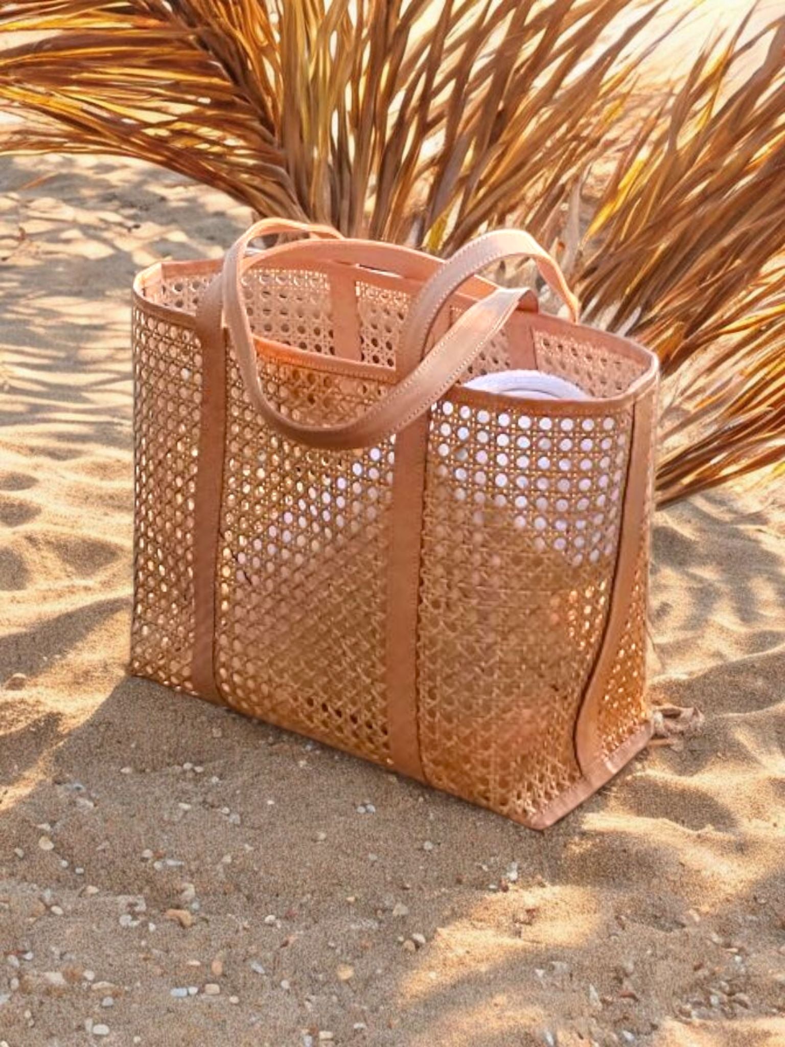 AUDREY Rattan & Leather Tote Bag Bone White Handwoven Carryall